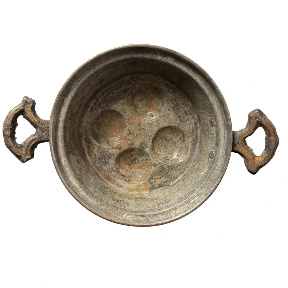 Antique Copper Escargot Poached Egg Pan 4‎ Well Brass Handles Rustic Cookware